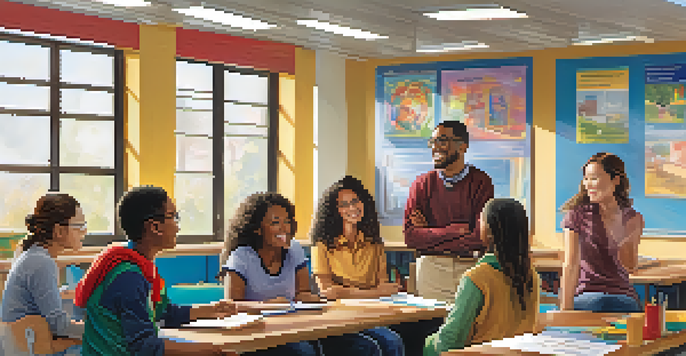 A diverse group of students in a colorful classroom discussing together, with a teacher guiding them.