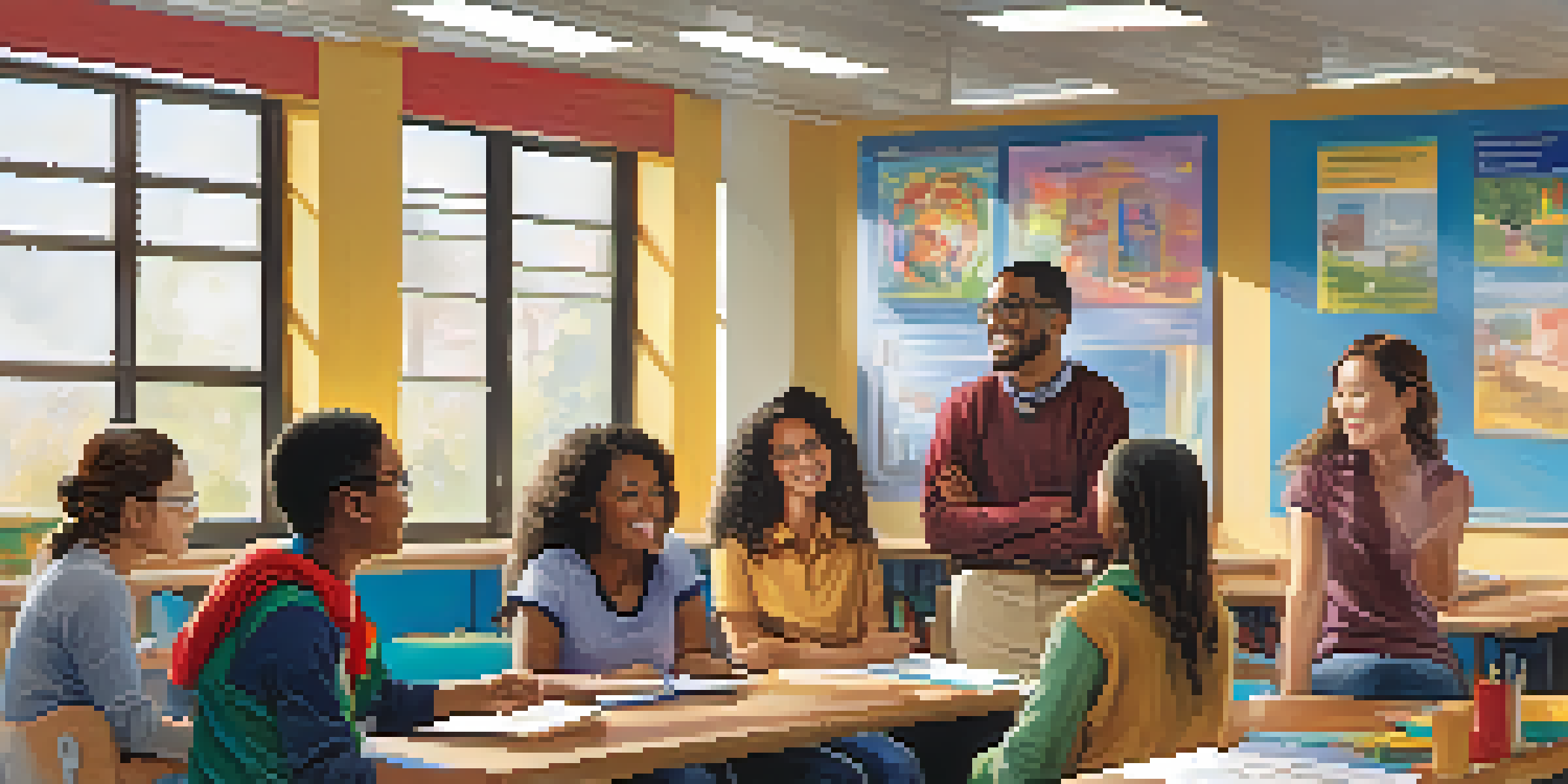 A diverse group of students in a colorful classroom discussing together, with a teacher guiding them.