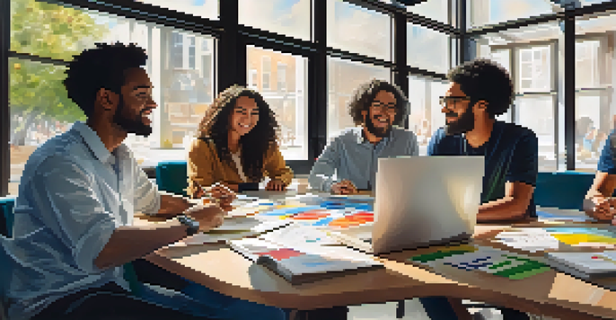 A diverse group of individuals collaborating at a table, surrounded by laptops and charts, with natural light illuminating their engaged expressions.