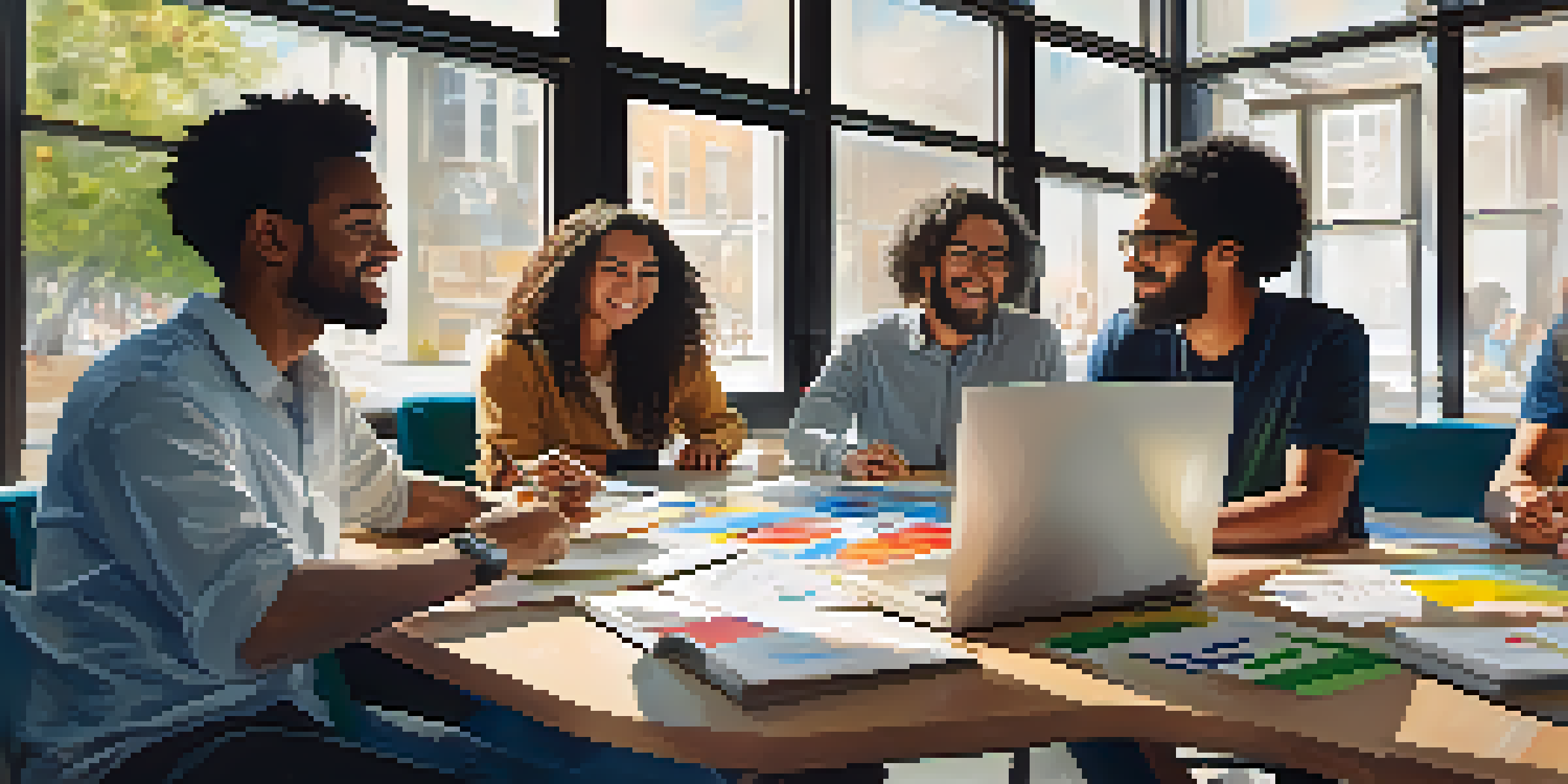 A diverse group of individuals collaborating at a table, surrounded by laptops and charts, with natural light illuminating their engaged expressions.