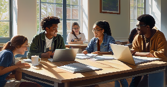 A diverse group of students discussing around a table filled with books and laptops, illuminated by natural sunlight.