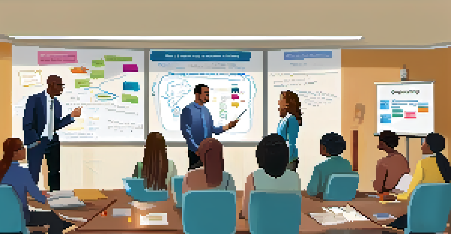 A school leadership team meeting with teachers in a conference room, discussing retention strategies with a whiteboard filled with charts and notes, emphasizing collaboration.