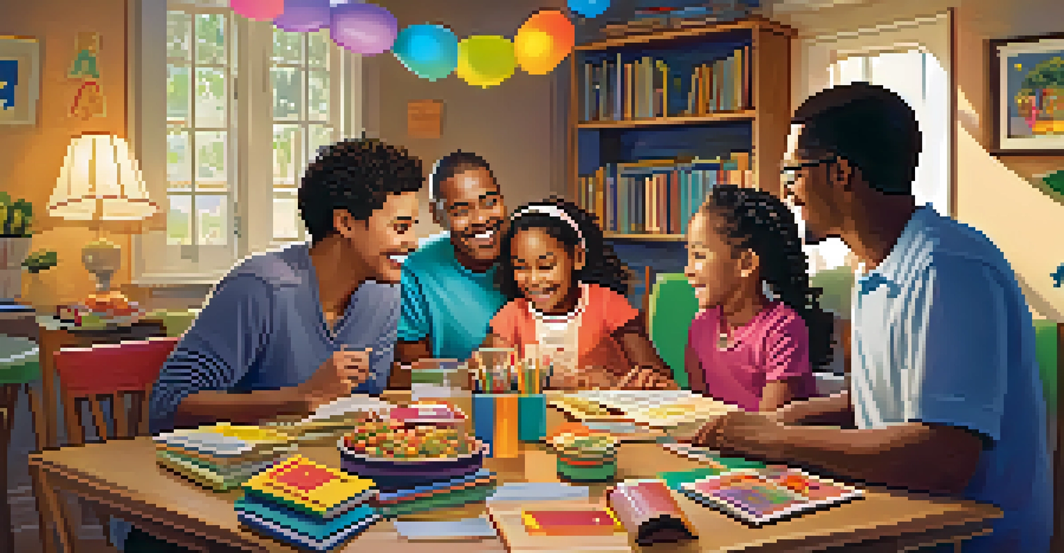 A family enjoying a learning night together at a table filled with books and laptops, smiling and interacting.
