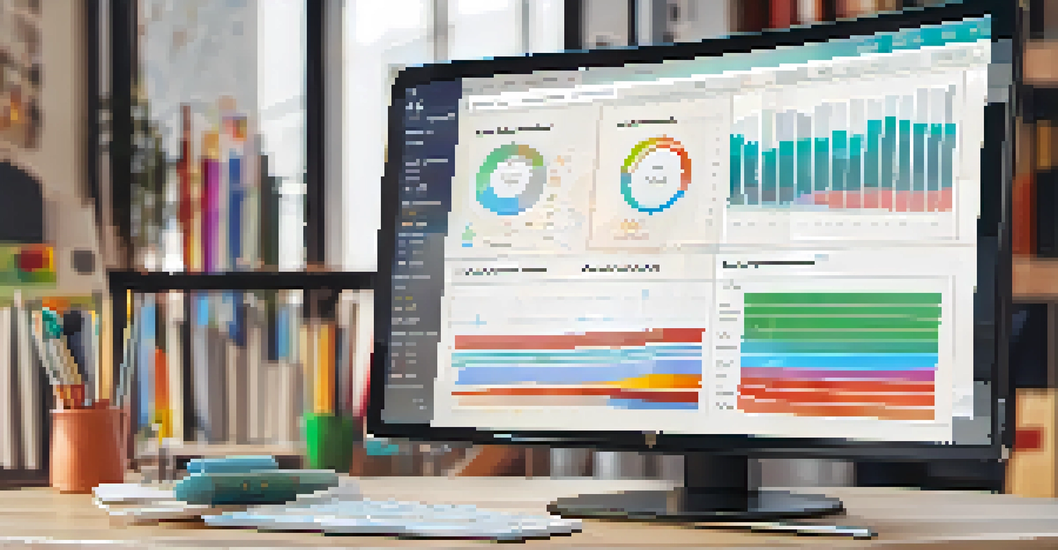 A close-up of a computer screen showing an LMS dashboard with graphs and charts on student performance, set in a cozy study environment.