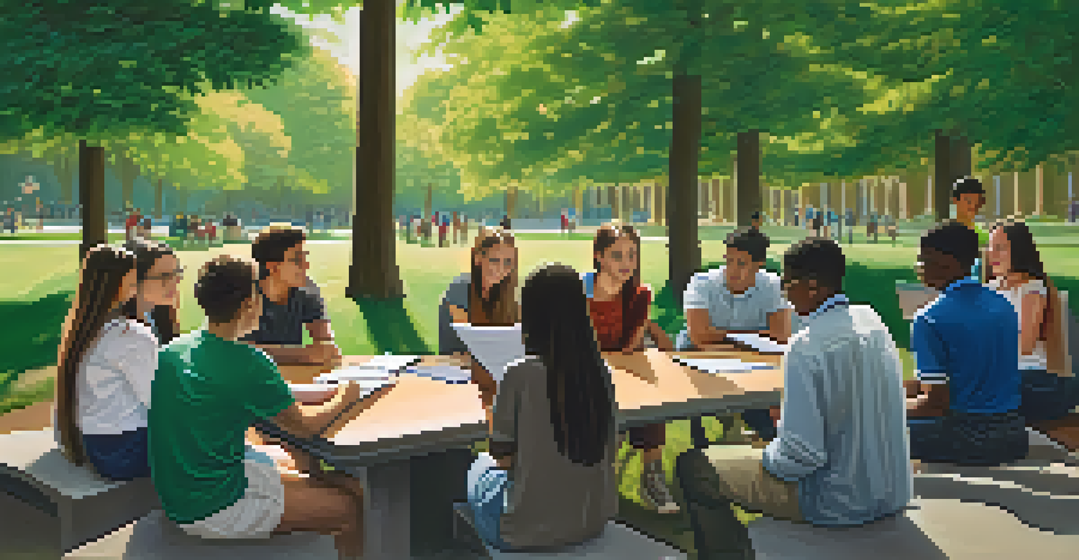 A professional mentoring students outdoors in a park, discussing career insights amidst a lush green backdrop.