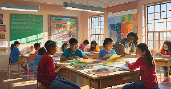 A diverse group of students working together in a bright classroom, collaborating on a project with colorful educational materials around them.
