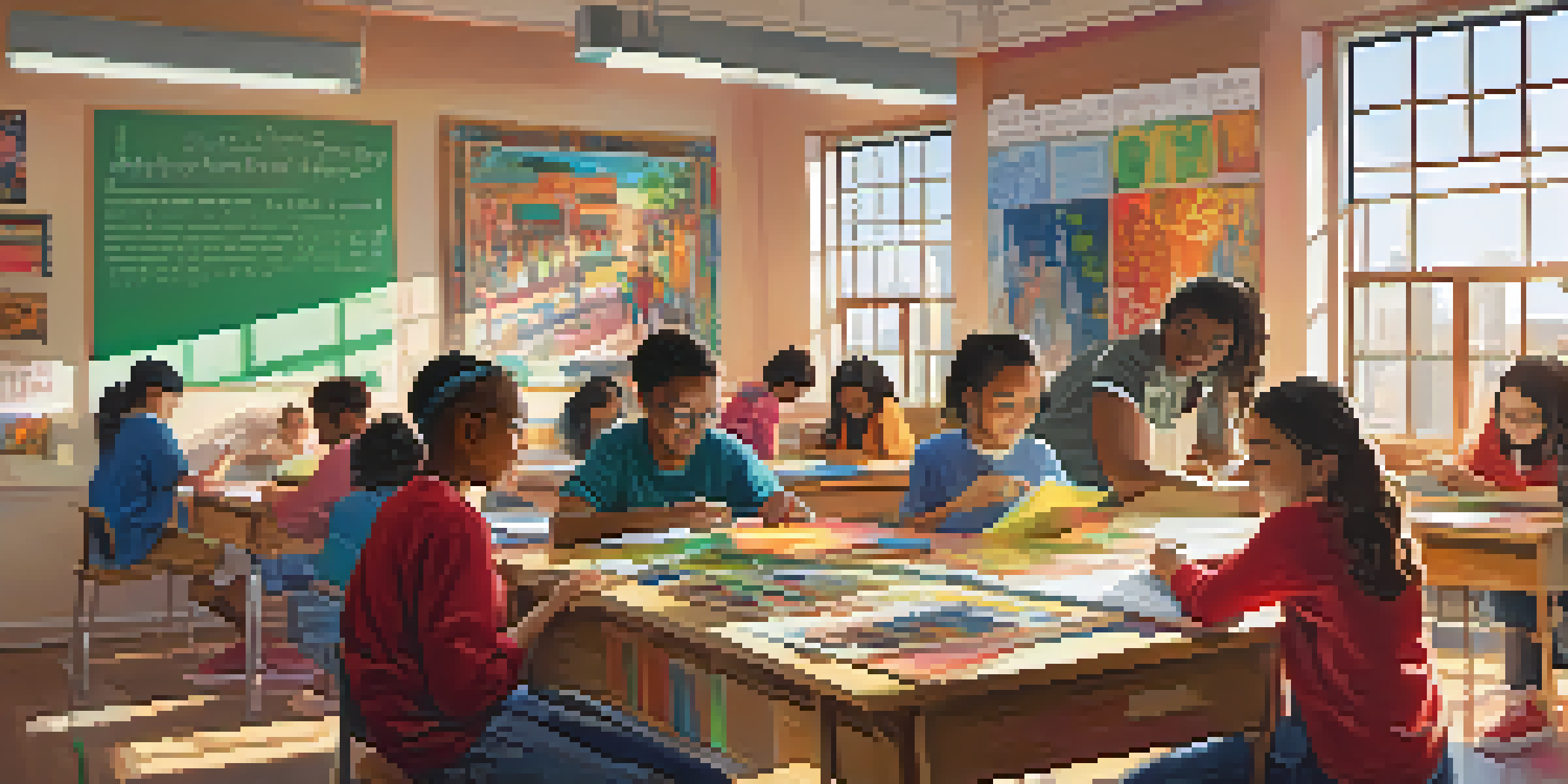 A diverse group of students working together in a bright classroom, collaborating on a project with colorful educational materials around them.