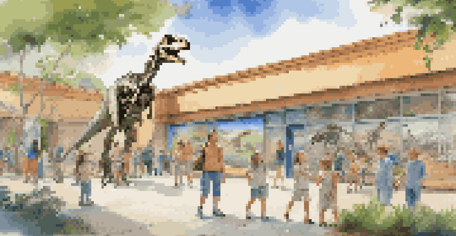 A family enjoying a day at a museum, interacting with dinosaur exhibits and having fun.