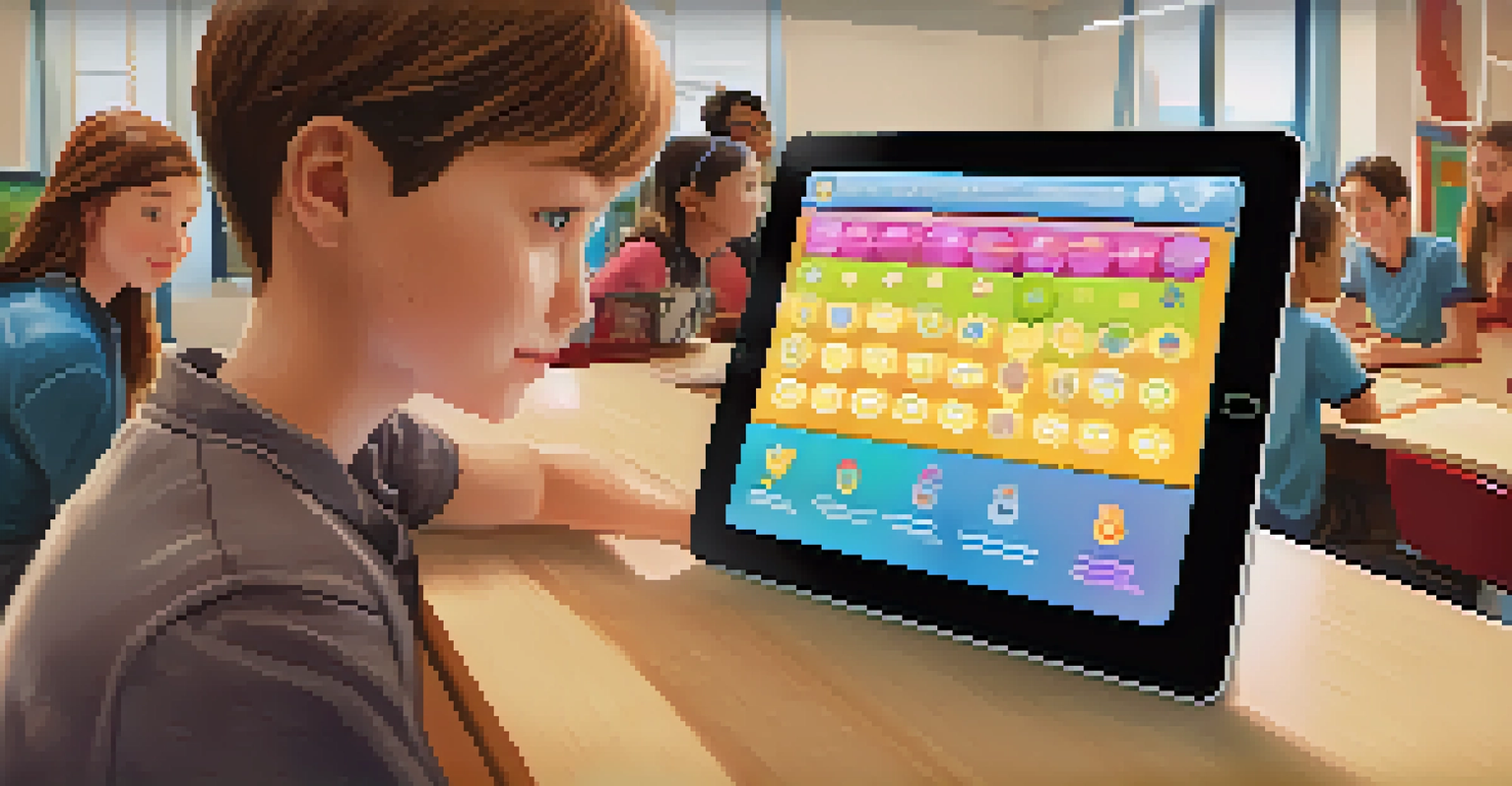 A student focused on an educational game on a tablet, set in a collaborative classroom environment.