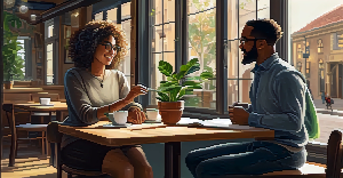 A mentor and mentee engaged in a conversation in a cozy café, with warm lighting and a rustic interior.