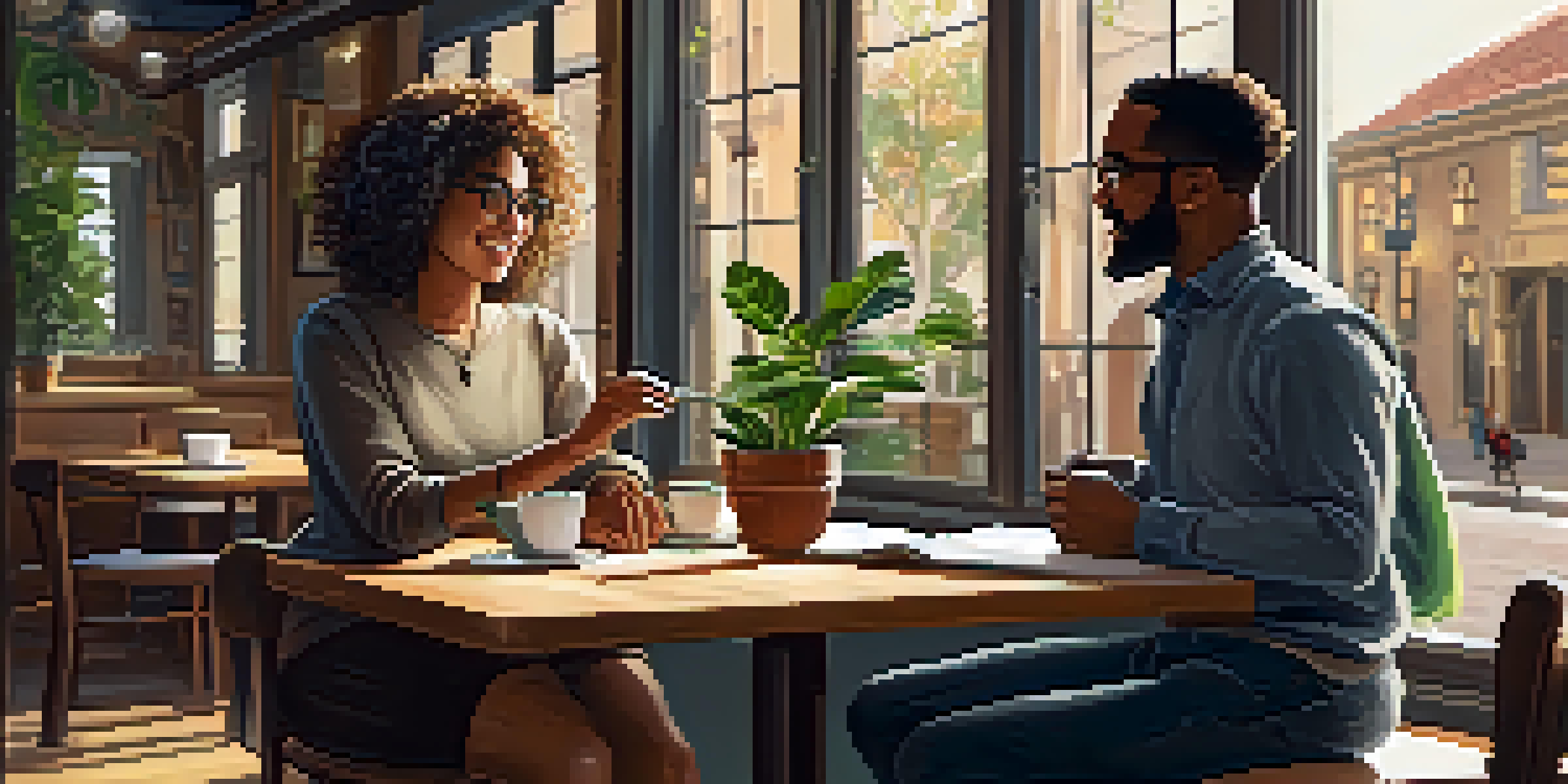 A mentor and mentee engaged in a conversation in a cozy café, with warm lighting and a rustic interior.