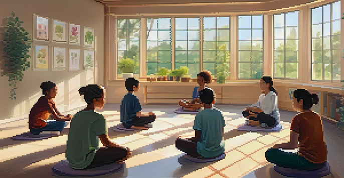 A group of students practicing mindfulness in a classroom, sitting in a circle with eyes closed, surrounded by soft sunlight and calming decor.