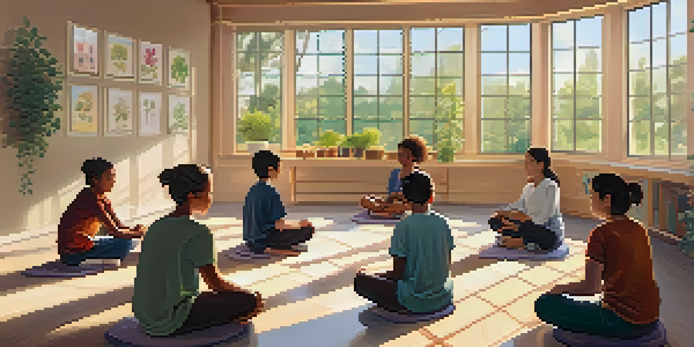 A group of students practicing mindfulness in a classroom, sitting in a circle with eyes closed, surrounded by soft sunlight and calming decor.
