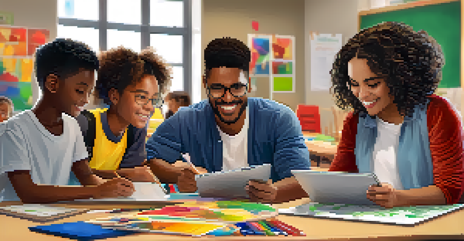 A teacher and diverse students collaborating around a table with tablets in a vibrant classroom.