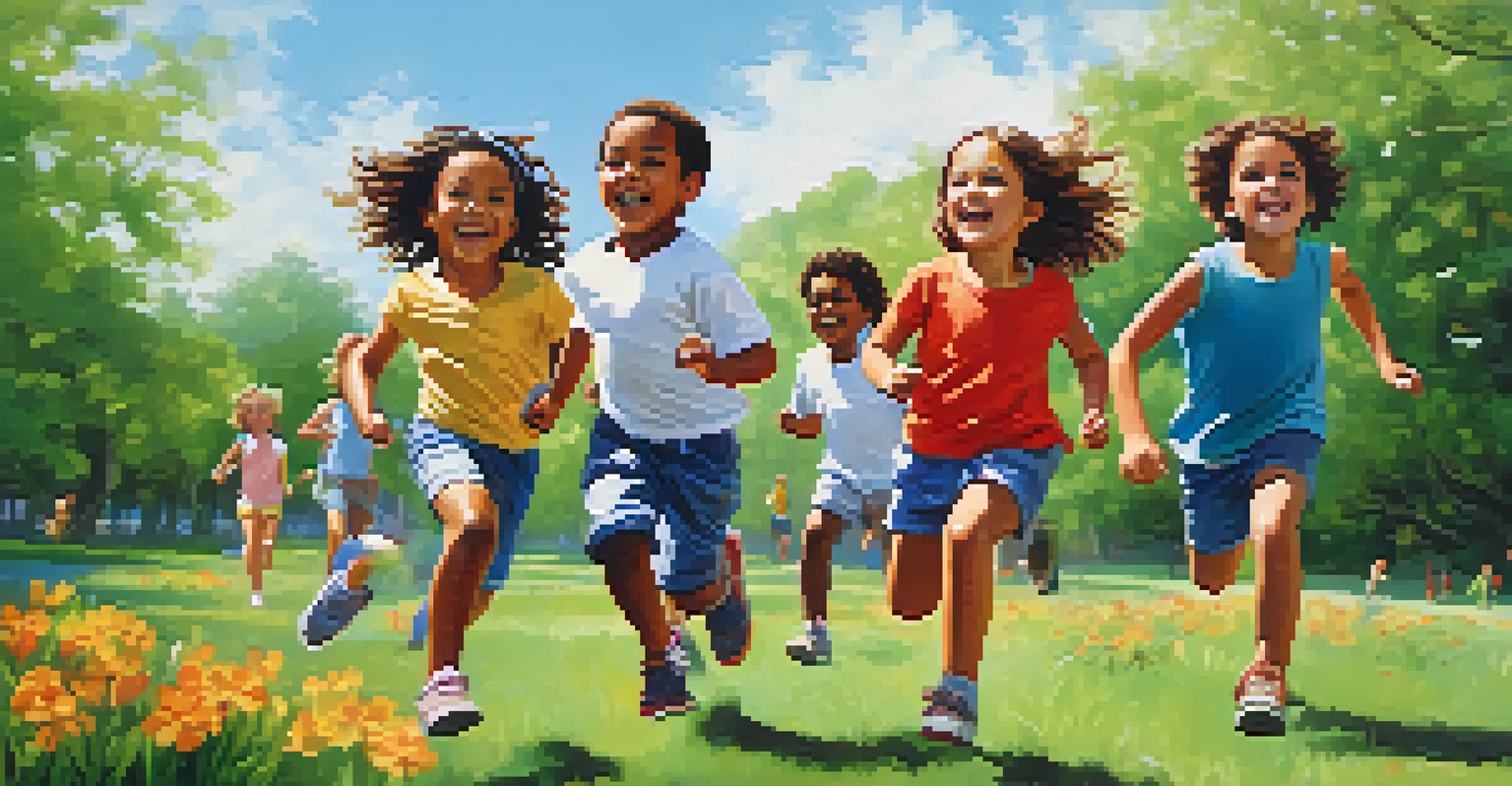 Children joyfully running and playing tag in a vibrant park on a sunny day.