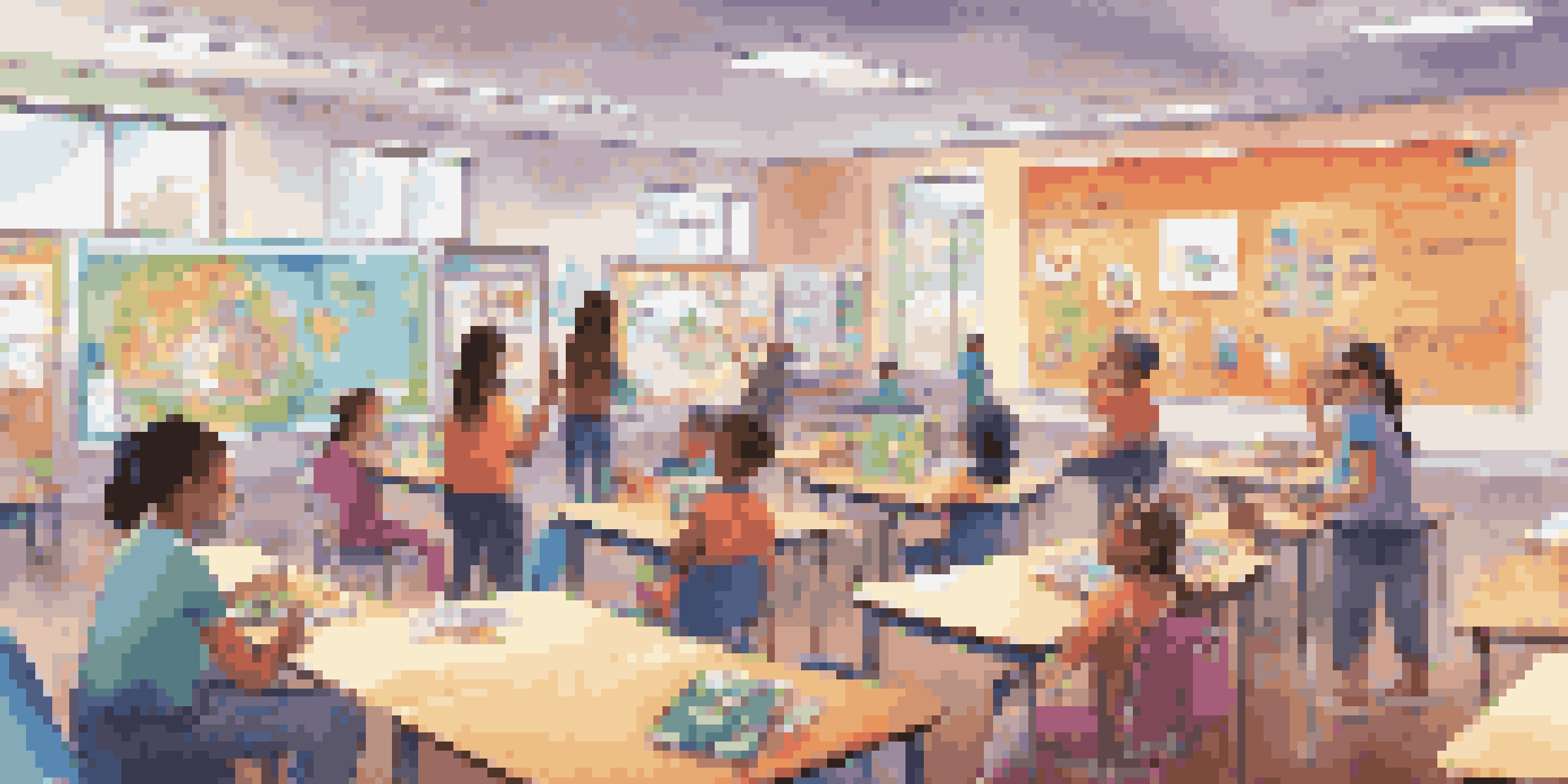 A lively classroom where students are actively participating in gamified learning, collaborating with tablets and a visible leaderboard.