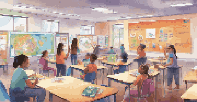 A lively classroom where students are actively participating in gamified learning, collaborating with tablets and a visible leaderboard.