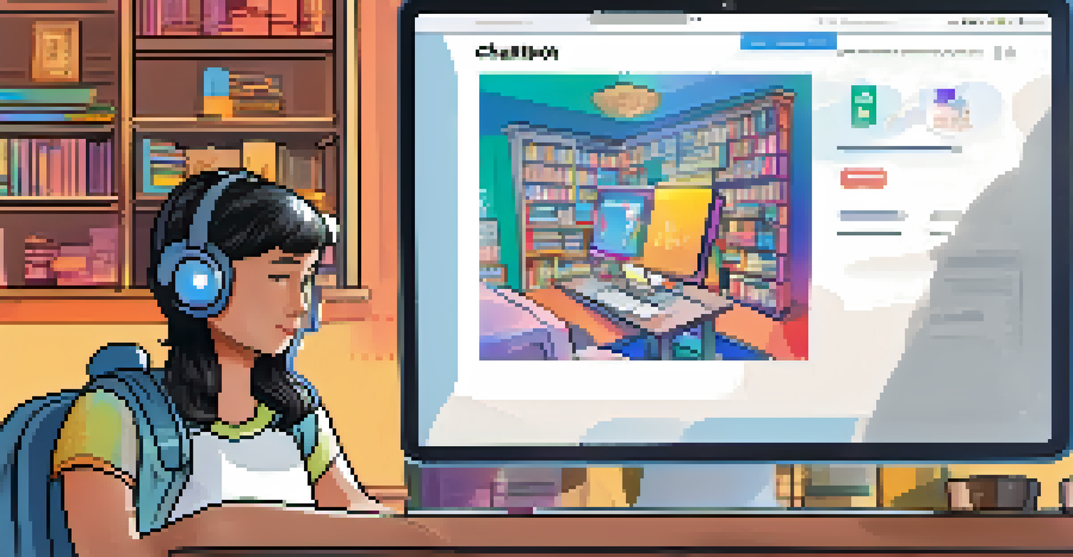 A student interacting with a friendly chatbot on a computer screen in a cozy study space, with bookshelves and a warm desk lamp in the background.