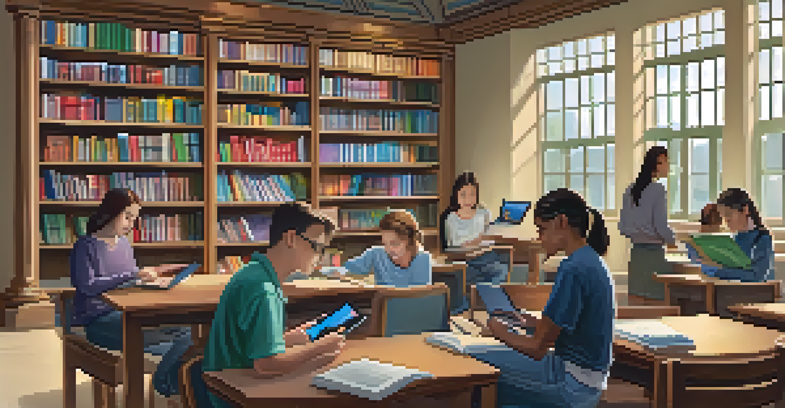 A library scene with students of different abilities reading books and using digital devices, comfortable seating, and warm lighting.