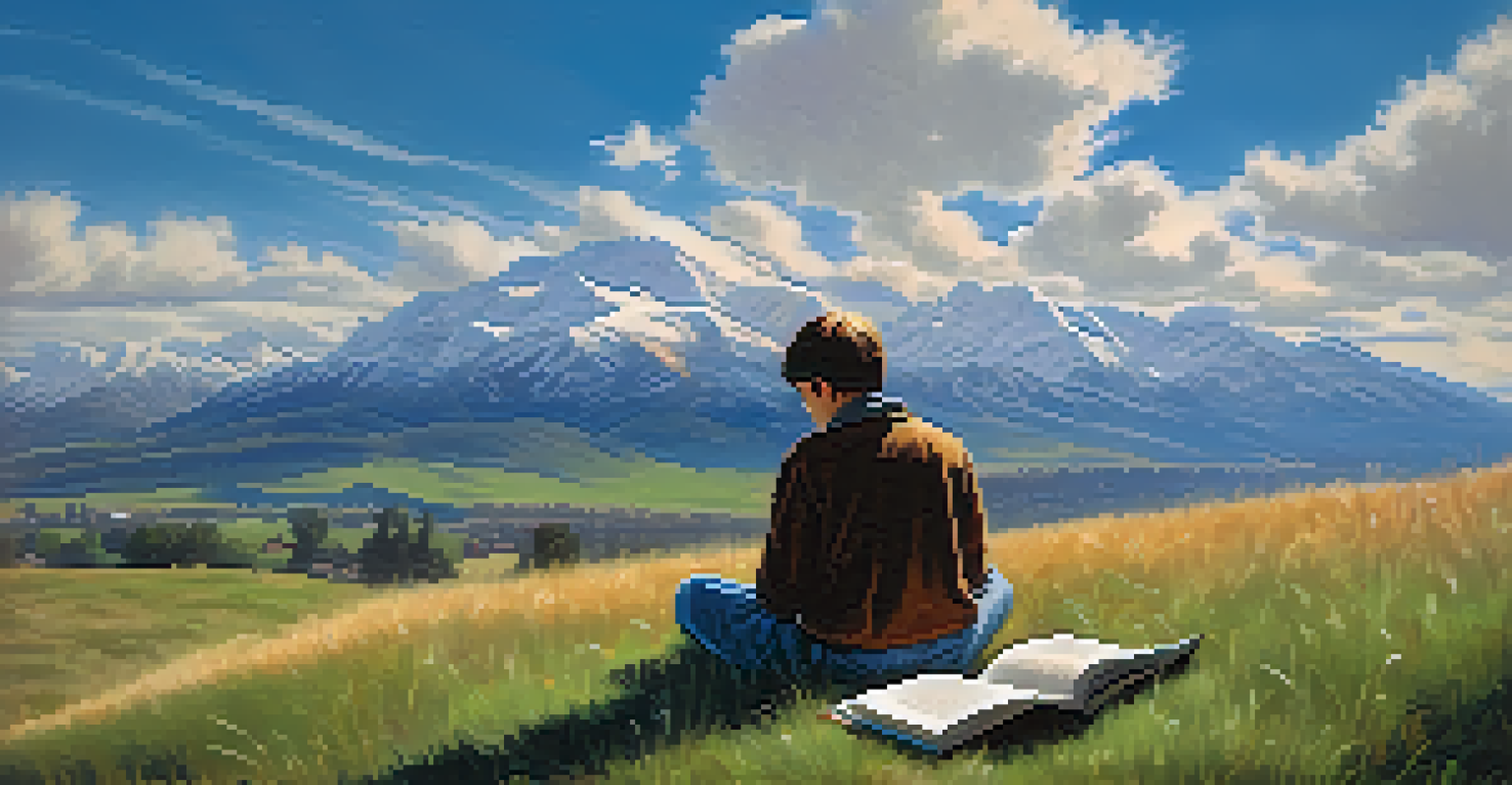A person reading a book while sitting on a grassy hill under a clear blue sky with mountains in the background.