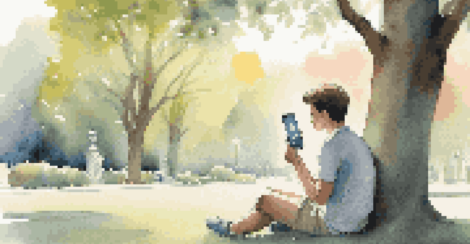 A person analyzing social media posts on a smartphone in a peaceful park environment.