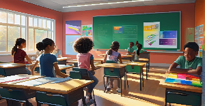 A classroom filled with diverse students actively participating in learning, with a teacher using technology to enhance the lesson.