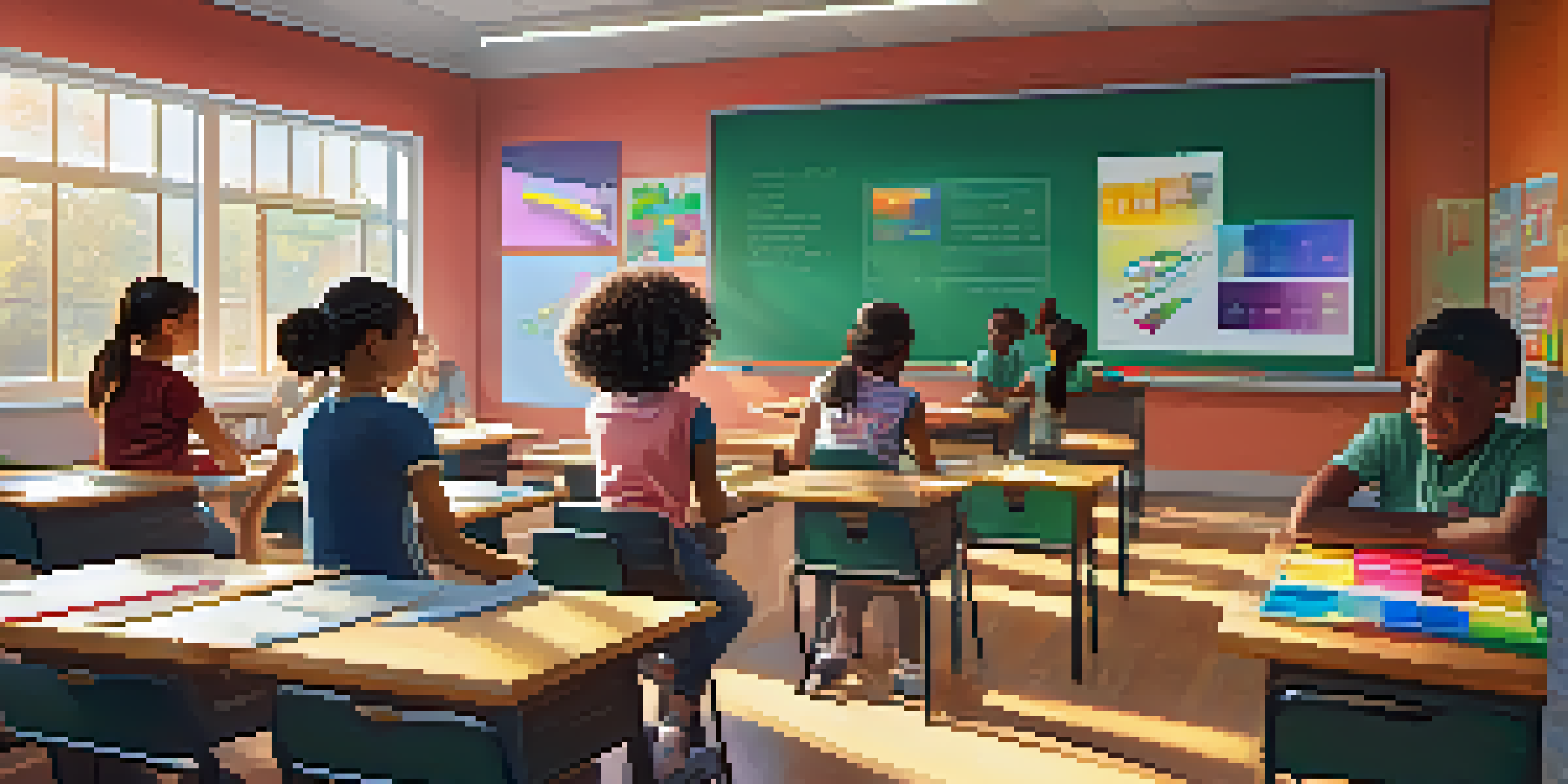 A classroom filled with diverse students actively participating in learning, with a teacher using technology to enhance the lesson.