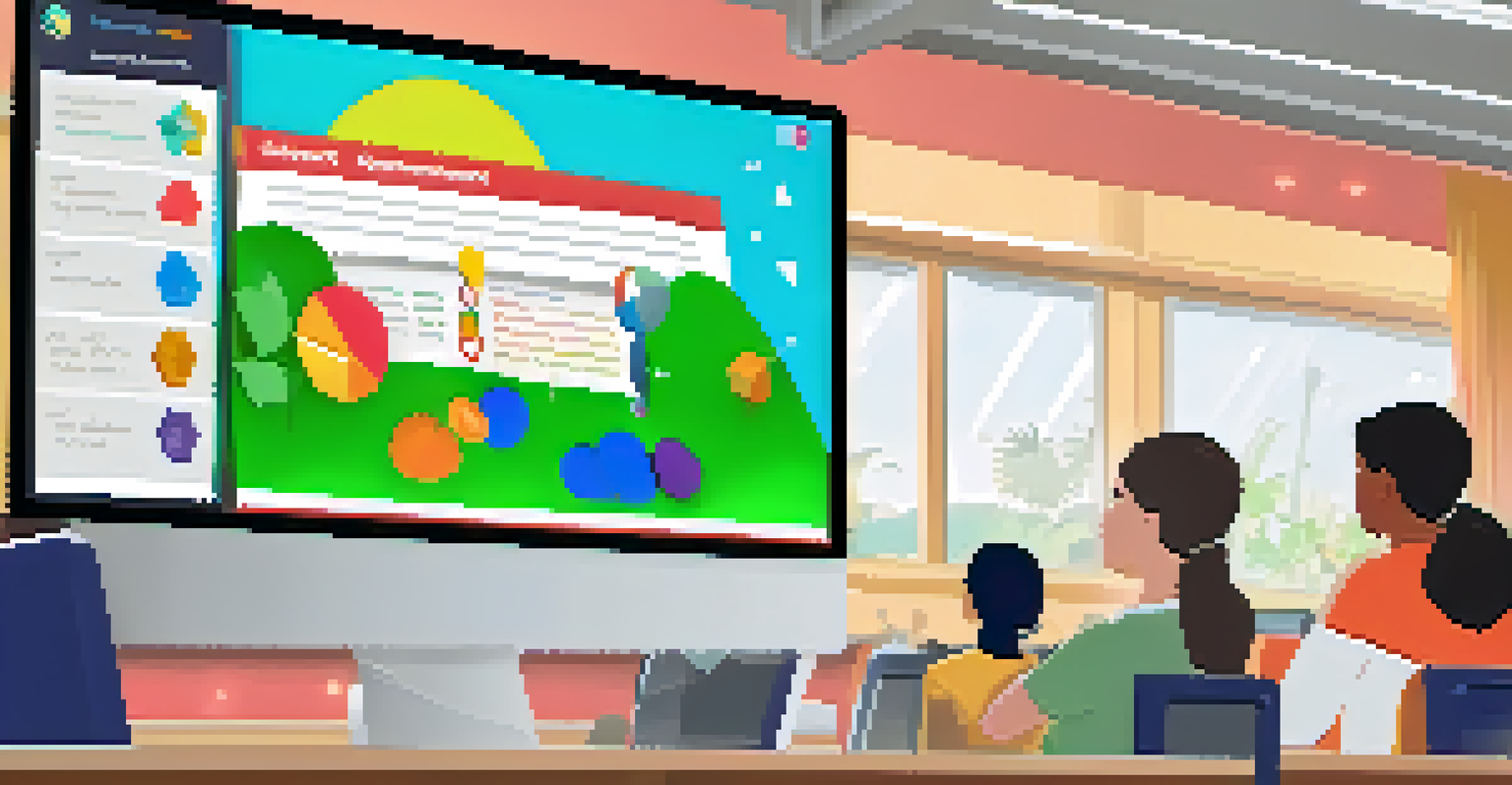 A colorful gamified assessment interface on a computer screen, with students collaborating in a classroom environment.