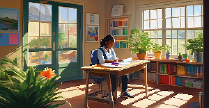 A calm classroom with a teacher at their desk, sunlight shining through the window, and a plant nearby, highlighting a moment of self-care.