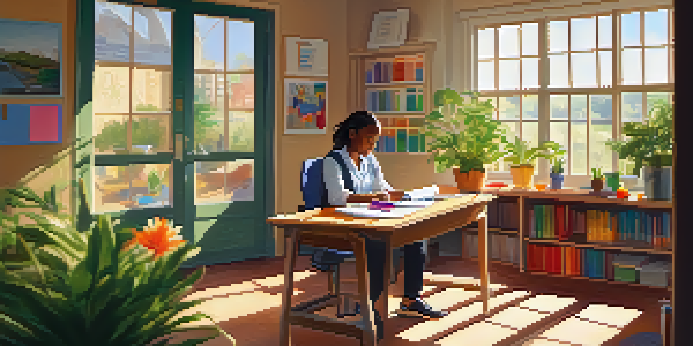 A calm classroom with a teacher at their desk, sunlight shining through the window, and a plant nearby, highlighting a moment of self-care.