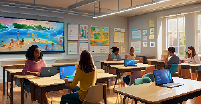 A diverse group of students in an online classroom engaged with an interactive assessment on a large screen, with laptops and educational posters around them.