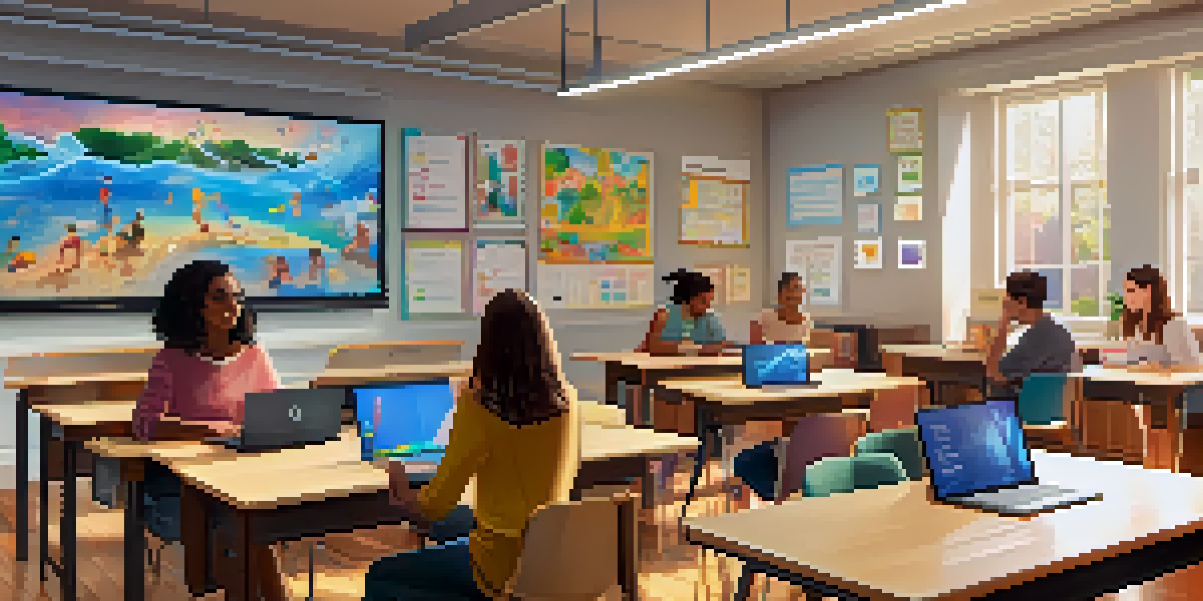 A diverse group of students in an online classroom engaged with an interactive assessment on a large screen, with laptops and educational posters around them.