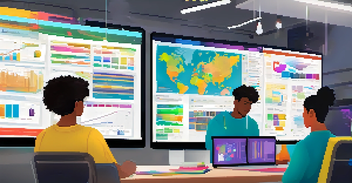 Students brainstorming ideas on a shared document in a digital workspace, with colorful charts and motivational posters in the background.