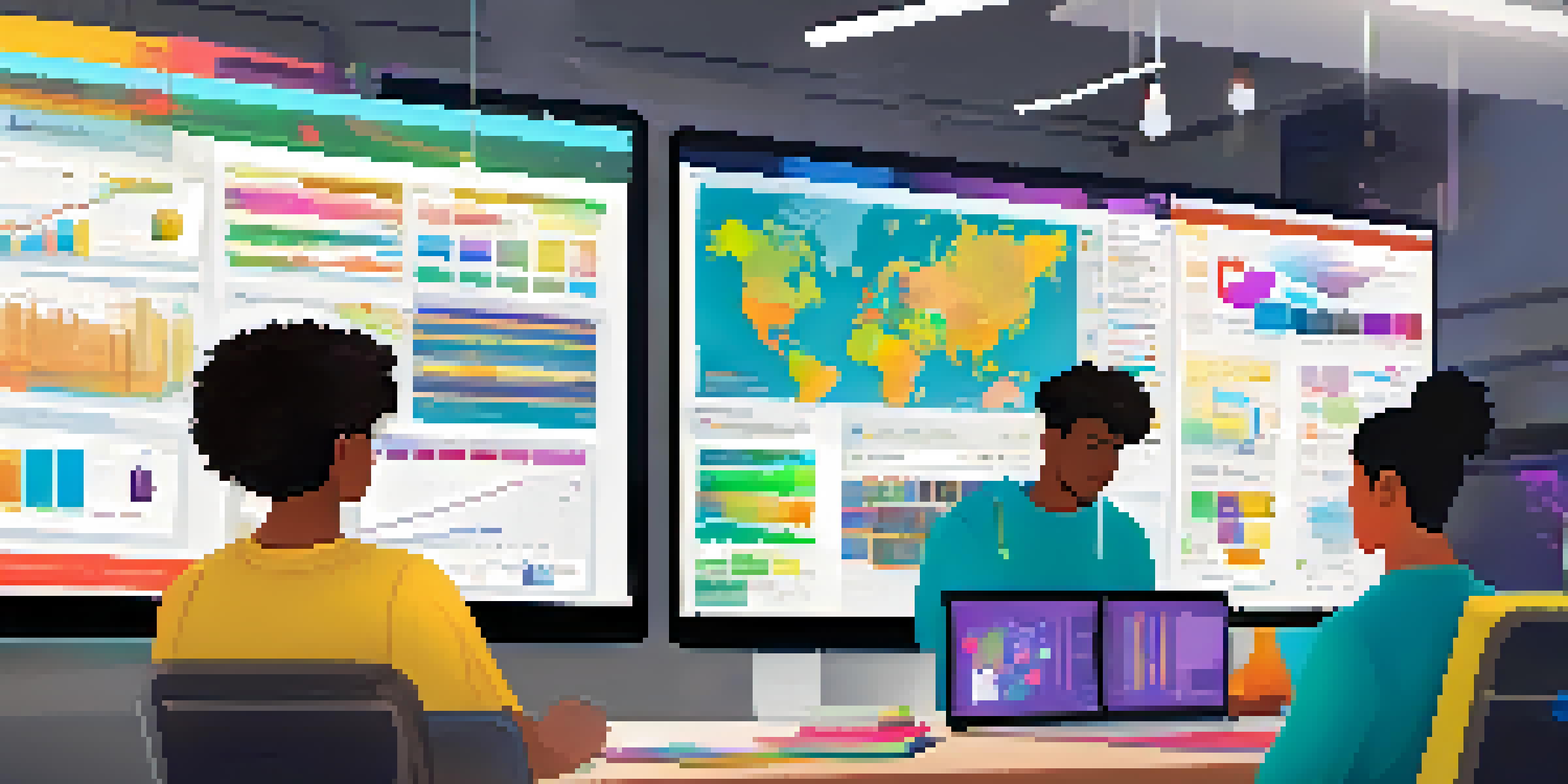 Students brainstorming ideas on a shared document in a digital workspace, with colorful charts and motivational posters in the background.