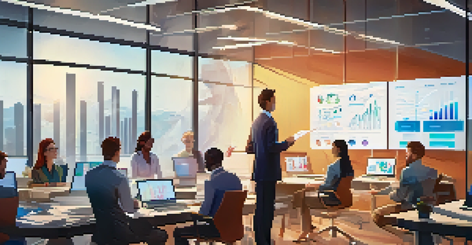 A young professional presenting data on a screen in a bright office to engaged colleagues, with colorful charts and graphs visible.