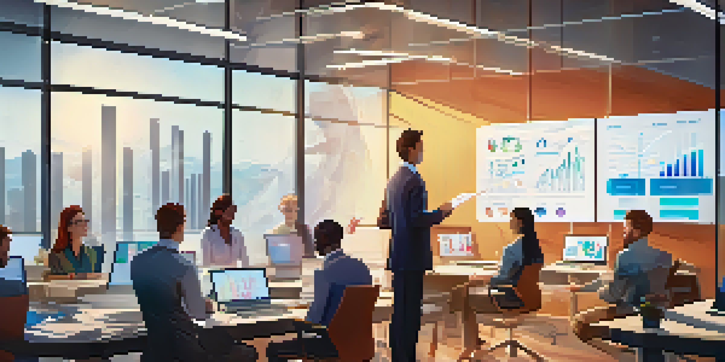 A young professional presenting data on a screen in a bright office to engaged colleagues, with colorful charts and graphs visible.