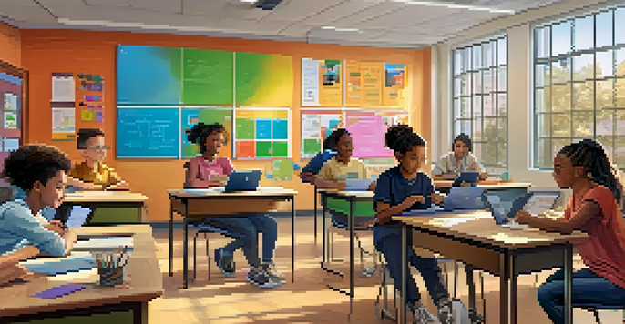 A bright classroom with diverse students using tablets and laptops, a teacher assisting a student with special needs, and colorful educational posters on the walls.