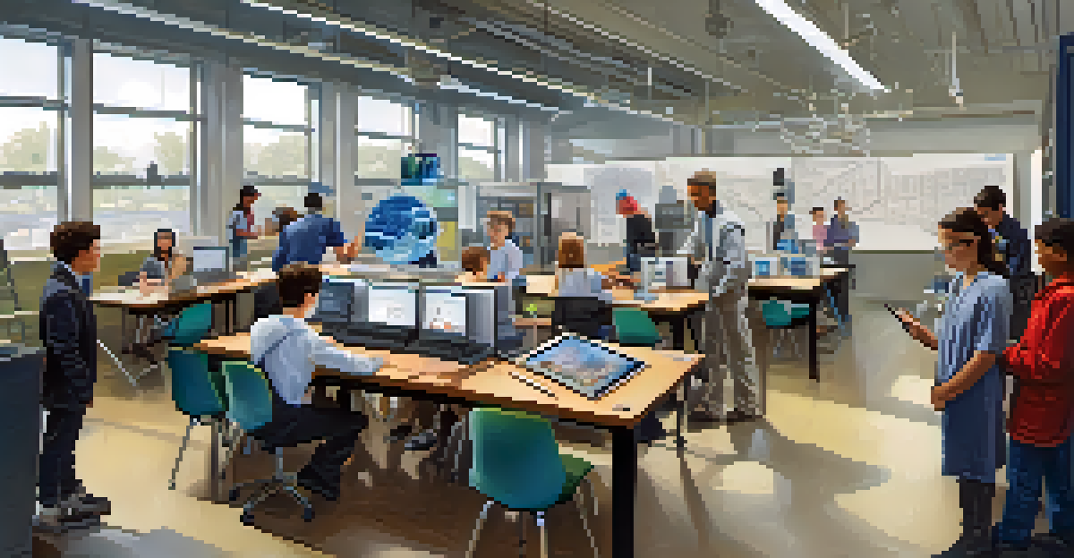 A collage showing a teacher collaborating with a young engineer and students learning with advanced technology in a classroom.