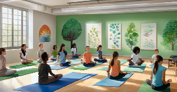 A peaceful gym environment where students are practicing mindfulness with deep breathing exercises on yoga mats, surrounded by nature-themed decorations.