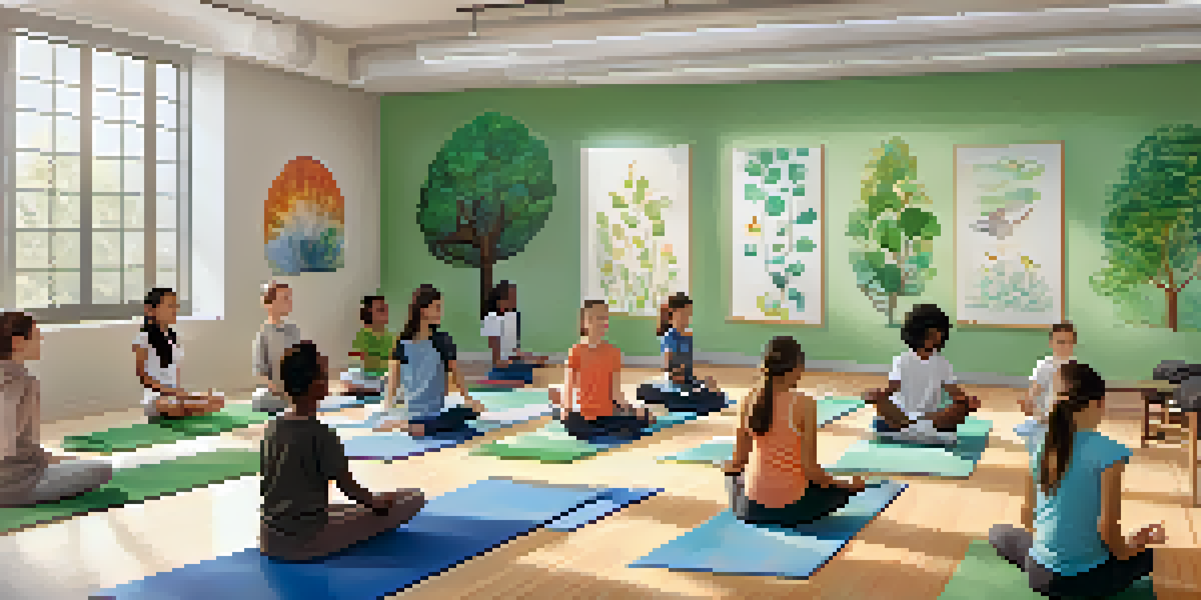 A peaceful gym environment where students are practicing mindfulness with deep breathing exercises on yoga mats, surrounded by nature-themed decorations.
