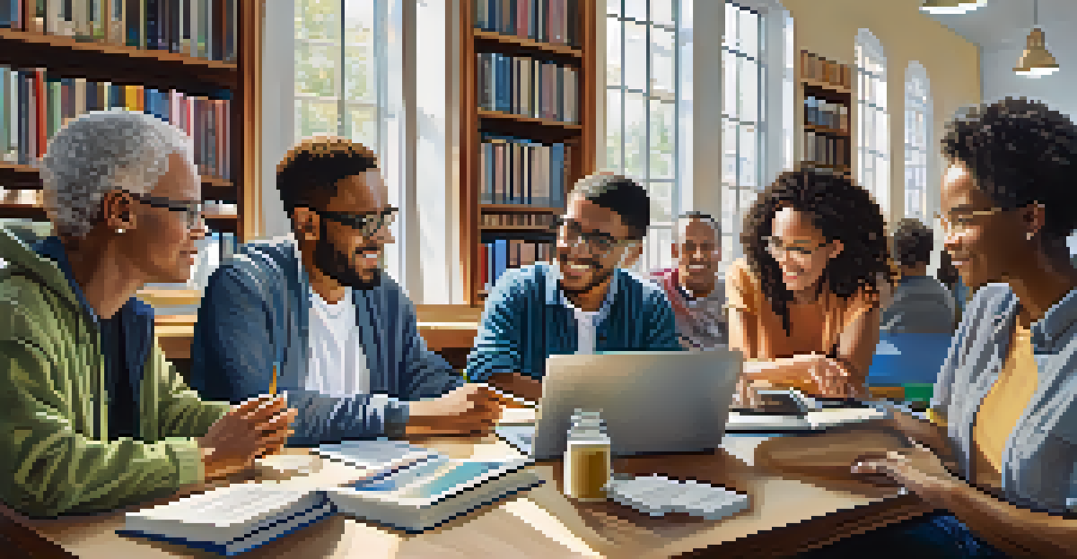 A diverse group of individuals engaged in collaborative learning at a table with laptops and books.