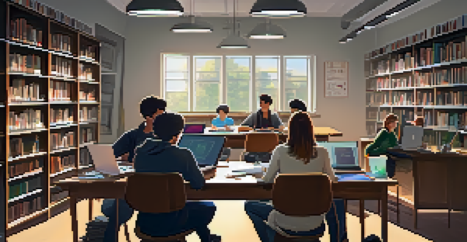 A group of students collaborating in a cozy study space, using laptops and notebooks for their project.