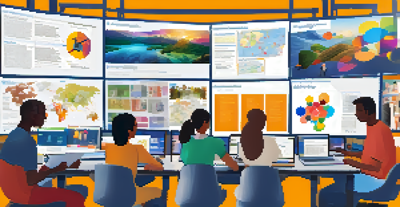 A virtual workshop with a diverse group of learners collaborating on a project, featuring bright colors and digital tools for interaction.