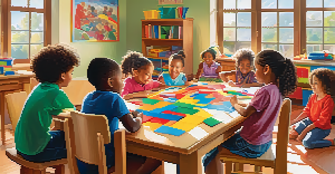A classroom filled with children of different backgrounds working together on a puzzle under the guidance of a teacher, with colorful educational materials around them.