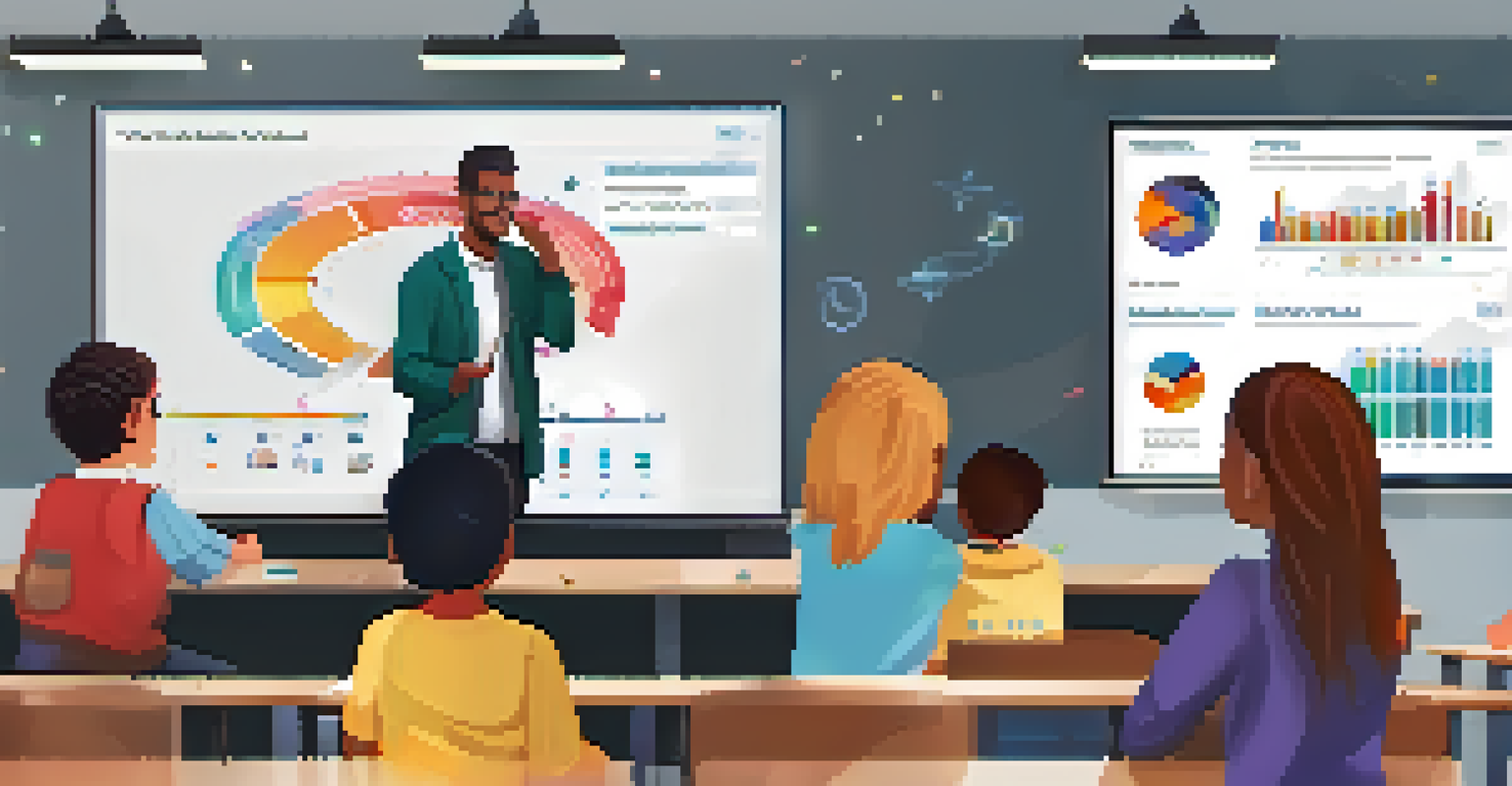 An educator in a modern classroom explaining a digital dashboard displaying student performance metrics to attentive students.