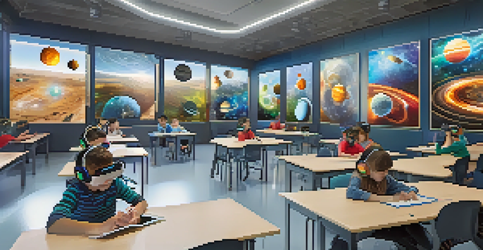 A bright classroom with students wearing virtual reality headsets, engaged in a lesson about the solar system, with a large screen displaying a 3D model.