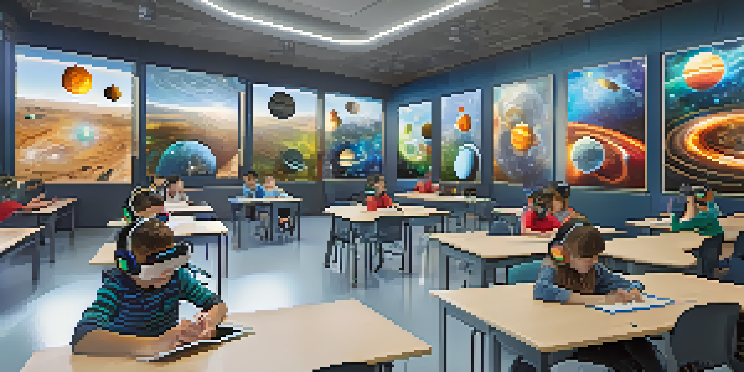 A bright classroom with students wearing virtual reality headsets, engaged in a lesson about the solar system, with a large screen displaying a 3D model.