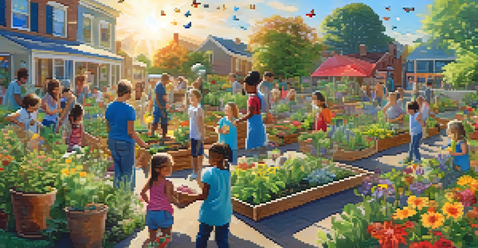 A community garden with people of various ages working together among colorful plants and flowers under a sunny sky.