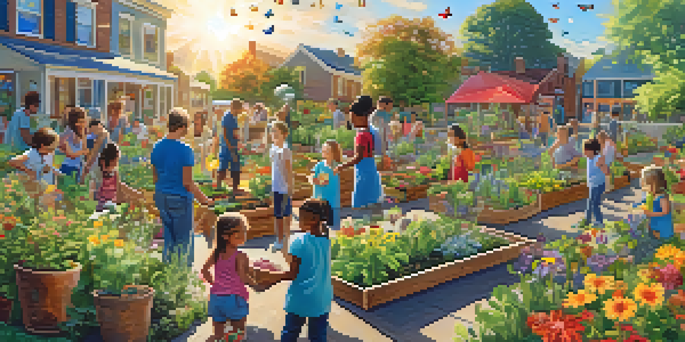 A community garden with people of various ages working together among colorful plants and flowers under a sunny sky.
