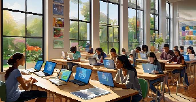 A diverse group of students in a bright and inviting digital learning space, focused on their devices.